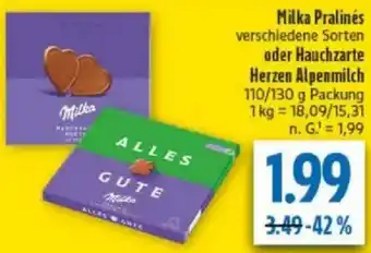 diska Milka Pralinés oder Hauchzarte Herzen Alpenmilch Angebot