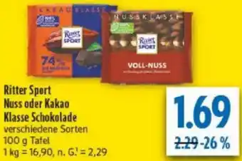 diska Ritter Sport Nuss oder Kakao Klasse Schokolade Angebot