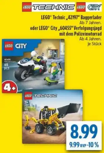 diska LEGO Technic „42197" Baggerlader oder LEGO City „60455" Verfolgungsjagd mit dem Polizeimotorrad Angebot