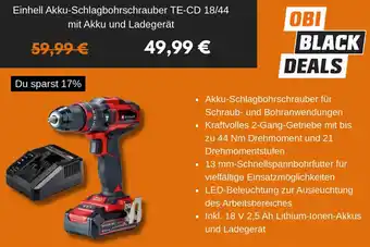 OBI Einhell Akku-Schlagbohrschrauber TE-CD 18/44 mit Akku und Ladegerät Angebot