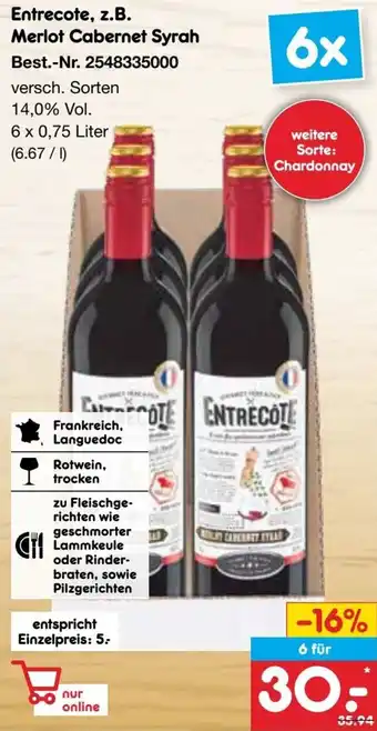 Netto Marken-Discount Entrecote, z.B. Merlot Cabernet Syrah Angebot