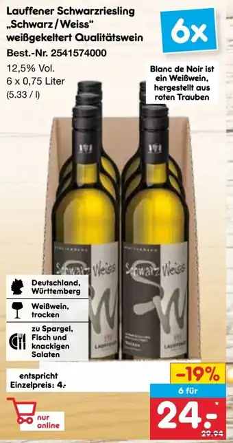 Netto Marken-Discount Lauffener Schwarzriesling „Schwarz/Weiss" weißgekeltert Qualitätswein Angebot