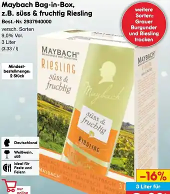 Netto Marken-Discount Maybach Bag-in-Box, z.B. süss & fruchtig Riesling Angebot