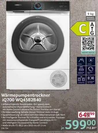 Selgros SIEMENS Wärmepumpentrockner iQ700 WQ45B2B40 Angebot