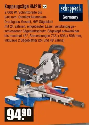 V Baumarkt scheppach Kappzugsäge HM216 Angebot