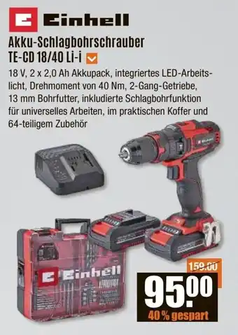 V Baumarkt Einhell Akku-Schlagbohrschrauber TE-CD 18/40 Lİ-İ Angebot