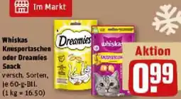 REWE Whiskas Knuspertaschen oder Dreamies Snack Angebot