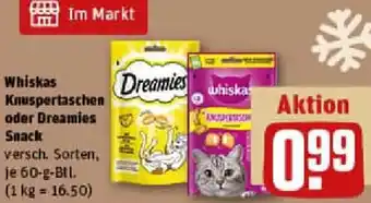REWE Whiskas Knuspertaschen oder Dreamies Snack Angebot