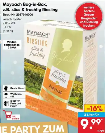 Netto Marken-Discount Maybach bag-in-box, süß & fruchtig riesling Angebot