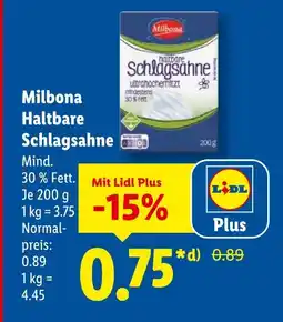 Lidl Milbona haltbare schlagsahne Angebot