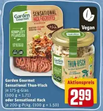 REWE PETZ Garden Gourmet Sensational Thun Visch 175g oder Sensational Hack 200g Angebot