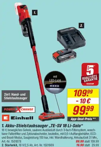 toom Baumarkt Einhell Akku-Stielstaubsauger „TE-SV 18 Li-Solo" Angebot