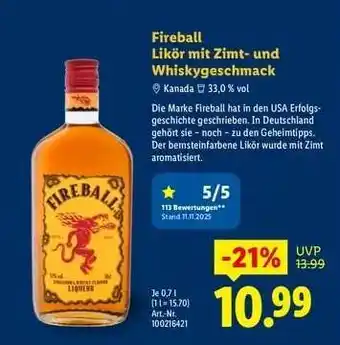 Lidl Fireball Likör mit Zimt- und Whiskygeschmack Angebot