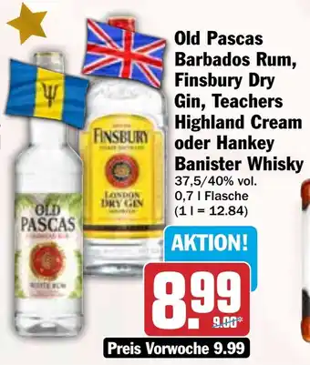 HIT Old Pascas Barbados Rum, Finsbury Dry Gin, Teachers Highland Cream oder Hankey Banister Whisky Angebot