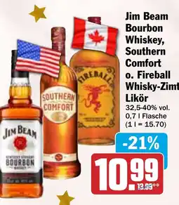 HIT Jim Beam Bourbon Whiskey, Southern Comfort O. Fireball Whisky-Zimt Likör Angebot