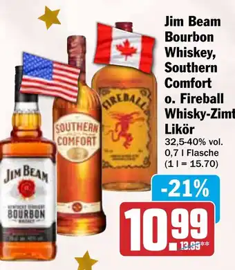 HIT Jim Beam Bourbon Whiskey, Southern Comfort O. Fireball Whisky-Zimt Likör Angebot