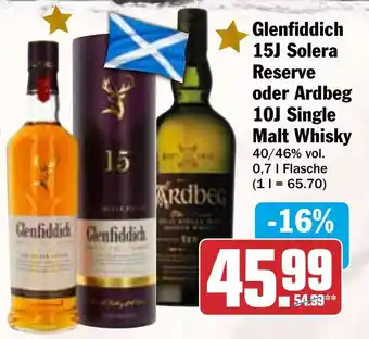 HIT Glenfiddich 15J Solera Reserve oder Ardbeg 10J Single Malt Whisky Angebot