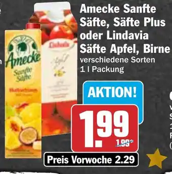 HIT Amecke Sanfte Säfte, Säfte Plus oder Lindavia Säfte Apfel, Birne Angebot