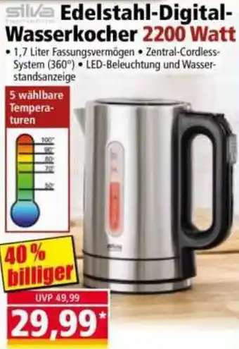 Norma Silva Edelstahl-Digital Wasserkocher 2200 Watt Angebot