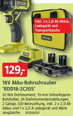 Bauhaus RYOBI 18V Akku-Bohrschrauber 'RDD18-2C20S' Angebot