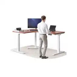 Netto Marken-Discount DESKSPACE Elektrisch höhenverstellbarer Eck-Tisch, Mahagoni Tischplatte / Weiß Gestell Angebot