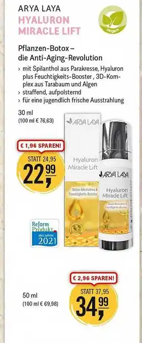 Reformhaus Bacher Arya Laya Hyaluron Miracle Lift Pflanzen-botox- Die Anti-aging-revolution Angebot