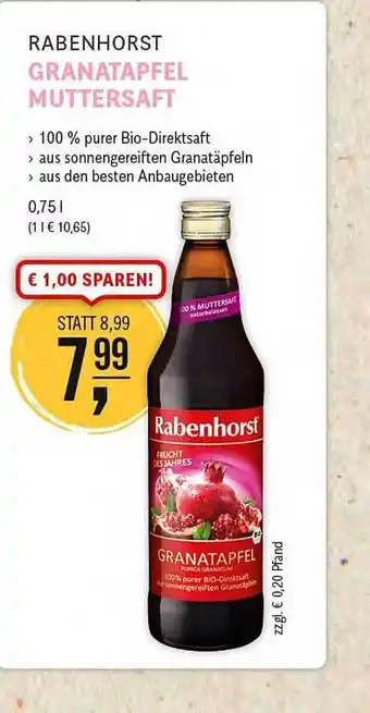 Reformhaus Bacher Rabenhorst Granatapfel Muttersaft 0,75L Angebot