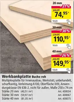 Holz Possling Werkbankplatte Buche roh Angebot