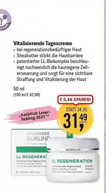 Reformhaus Bacher Annemarie Börlind Vitalisierende Tagescreme 50ml Angebot