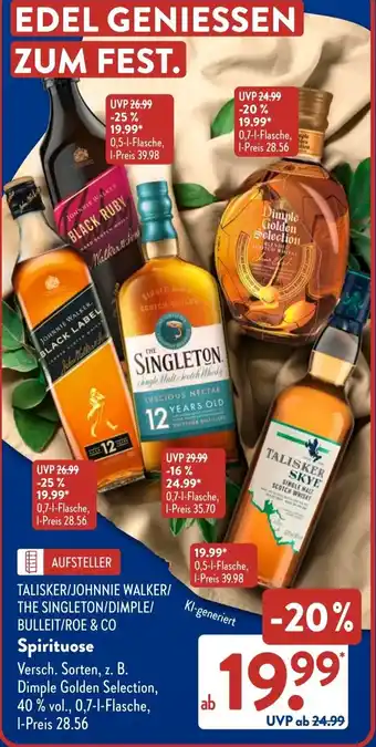 Aldi Süd TALISKER/JOHNNIE WALKER/ THE SINGLETON/DIMPLE/ BULLEIT/ROE & CO Spirituose Angebot