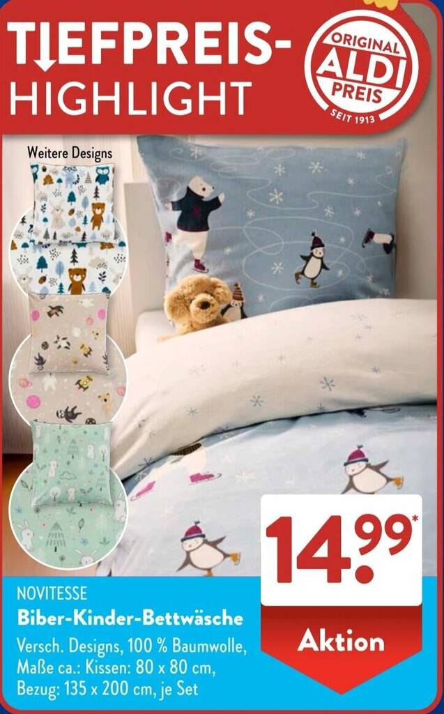 NOVITESSE Biber-Kinder-Bettwäsche Angebot bei Aldi Süd