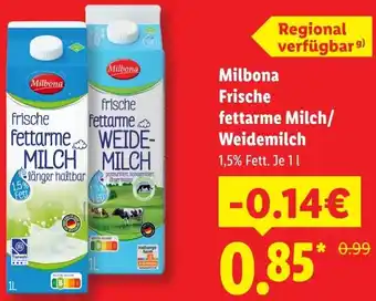 Lidl Milbona Frische fettarme Milch/ Weidemilch Angebot