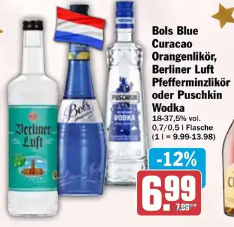HIT Bols Blue Curacao Orangenlikör, Berliner Luft Pfefferminzlikör oder Puschkin Wodka Angebot