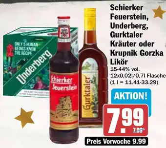 HIT Schierker Feuerstein, Underberg, Gurktaler Kräuter oder Krupnik Gorzka Likör Angebot