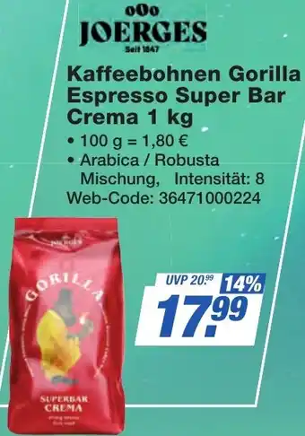 K+B Expert JOERGES Kaffeebohnen Gorilla Espresso Super Bar Crema Angebot