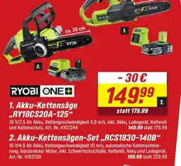 toom Baumarkt RYOBI ONE+ 2. Akku-Kettensägen-Set „RCS1830-140B" Angebot