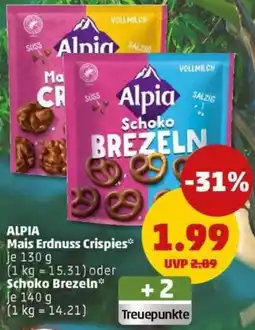 PENNY ALPIA Mais Erdnuss Crispies oder Schoko Brezeln Angebot