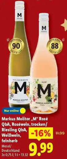 Lidl Markus Molitor ,,M" Rosé QbA, Roséwein, trocken/ Riesling QbA, Weißwein Angebot