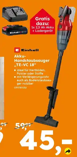 Globus Baumarkt Einhell Akku- Handstaubsauger „TE-VC 18" Angebot