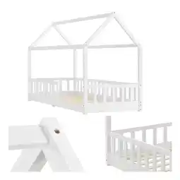 Netto Marken-Discount Juskys Kinderbett Marli 90 x 200 cm mit Rausfallschutz, Lattenrost & Dach - Holz Hausbett Weiß Angebot