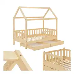 Netto Marken-Discount Juskys Kinderbett Marli 80 x 160 cm mit Bettkasten, Gitter, Lattenrost & Dach - Holz Hausbett Natur Angebot