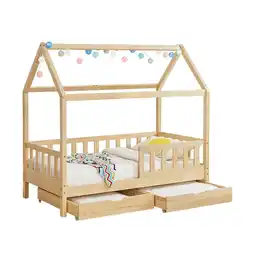 Netto Marken-Discount Juskys Kinderbett Marli 90 x 200 cm mit Bettkasten, Gitter, Lattenrost & Dach - Holz Hausbett Natur Angebot