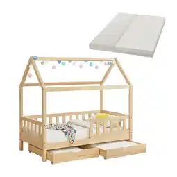 Netto Marken-Discount Juskys Kinderbett Marli 90 x 200 cm mit Matratze, Bettkasten, Gitter, Lattenrost & Dach - Bett Natur Angebot