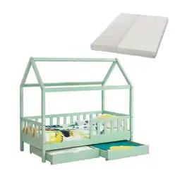 Netto Marken-Discount Juskys Kinderbett Marli 90 x 200 cm mit Matratze, Bettkasten, Gitter, Lattenrost & Dach - Bett Mint Angebot