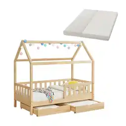 Netto Marken-Discount Juskys Kinderbett Marli 80 x 160 cm mit Matratze, Bettkasten, Gitter, Lattenrost & Dach - Bett Natur Angebot