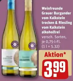 REWE Weinfreunde Grauer Burgunder vom Kalkstein trocken & Riesling vom Kalkstein alkoholfrei Angebot