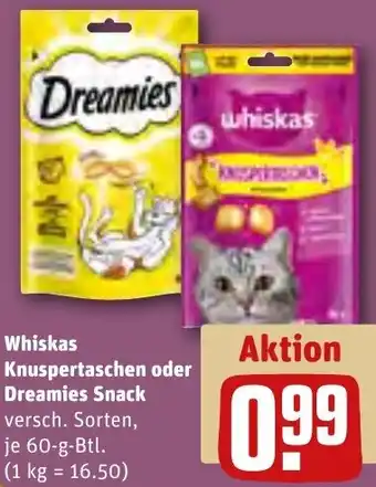 REWE Whiskas Knuspertaschen oder Dreamies Snack Angebot