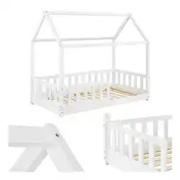 Netto Marken-Discount Juskys Kinderbett Marli 80 x 160 cm Rausfallschutz, Lattenrost & Dach Weiß Hausbett Holz Angebot