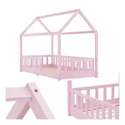 Netto Marken-Discount Juskys Kinderbett Marli 90 x 200 cm mit Rausfallschutz, Lattenrost & Dach - Holz Hausbett Rosa Angebot