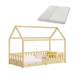 Netto Marken-Discount Juskys Kinderbett Marli 90 x 200 cm mit Matratze, Gitter, Lattenrost & Dach - Bett Natur Angebot
